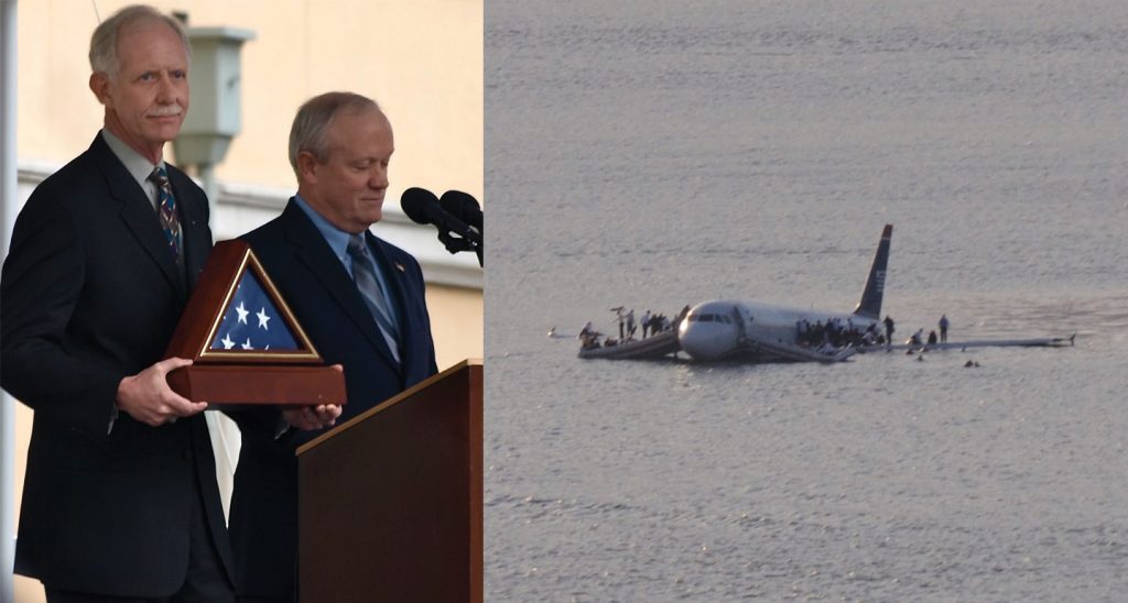 On the left, this picture shows Captain Chesley Burnett Sullenberger receiving an award; on the right, this picture shows an airplane floating on the water with passengers being evacuated.