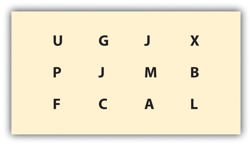 This chart provides 12 random upper case letters in three rows.