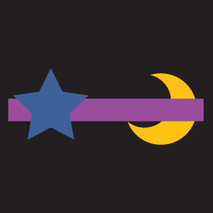 This digital image shows a yellow moon shape behind a purple bar, and a blue star shape is in front of the purple bar.