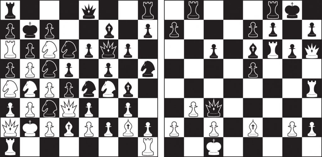 On the left, this diagram illustrates a grouping of chess characters on a chessboard that is not possible according to the rules of the game; on the right, this diagram illustrates a realistic arrangement of chess characters on a chessboard.
