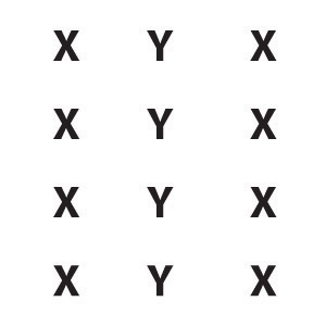 This digital image contains a vertical column of four Xs on the left, four Ys in the centre, and four Xs on the right.