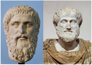 On the left, this picture shows a marble portait of Plato; on the right, this picture shows a bust of Aristotle.