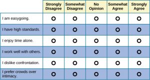 This chart provides an example of a Likert-type scale survey. The surveyed items include “I am easygoing," "I have high standards," "I enjoy time alone," "I work well with others," "I dislike confrontation," and "I prefer crowds over intimacy.” To the right of each of these items are five empty circles. The circles are labeled “strongly disagree," "somewhat disagree," "no opinion," "somewhat agree," and "strongly agree.”