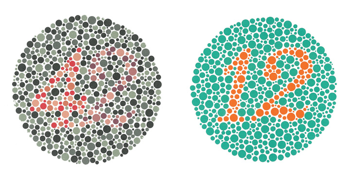 These digital images are examples of an Ishihara colour test, containing the numbers 42 on the left and 12 on the right.