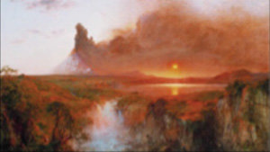 This painting shows a sunset over a field with clouds in the sky.