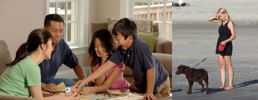 On the left, this picture shows an Asian family playing a board game; on the right, this picture shows a blonde woman standing alone with her dog.