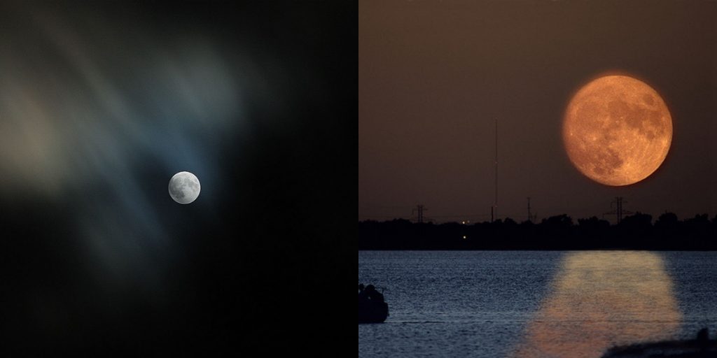 On the left, this picture shows the moon seemingly small as it is high in the sky; on the right, this picture shows the moon seemingly large as it is near the horizon.