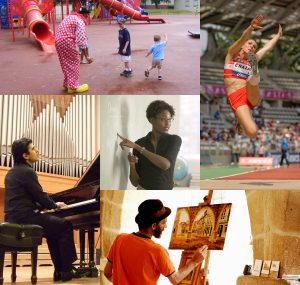 At top left, this picture shows a clown playing with children at a playground; at top right, this picture shows a track-and-field athlete jumping; at bottom right, this picture shows a visual artist painting; at bottom left, this picture shows a performing artist playing a piano; and in the centre, this picture shows a teacher pointing at a whiteboard in a classroom.