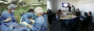 On the left, this picture shows doctors in an operating room; on the right, this picture shows people in a staff meeting.