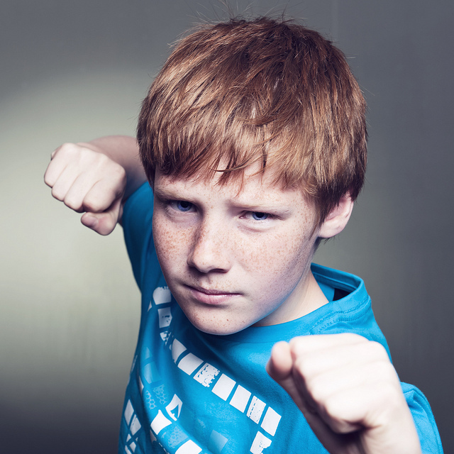 This picture shows a boy raising his fists as if to fight.