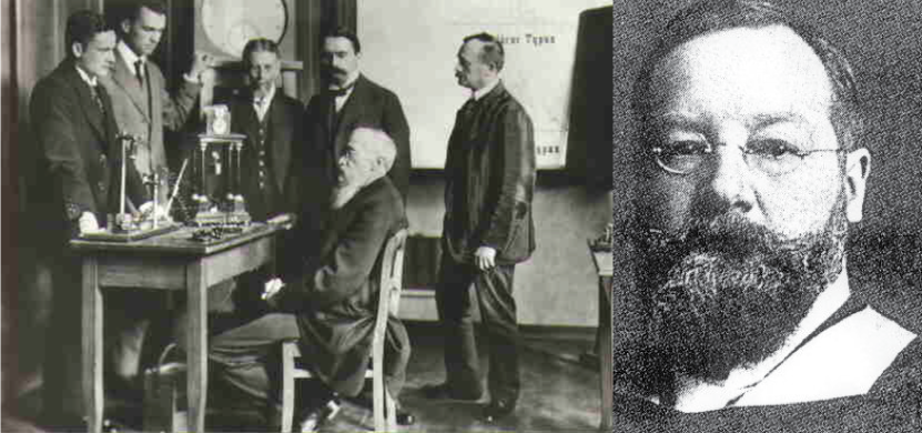 On the left, this picture shows Wilhelm Wundt seated at a desk with five other men standing; on the right, this picture shows a portrait of Edward Titchener.